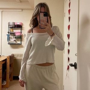 the vintage white knit pointelle floral detailed sweater
